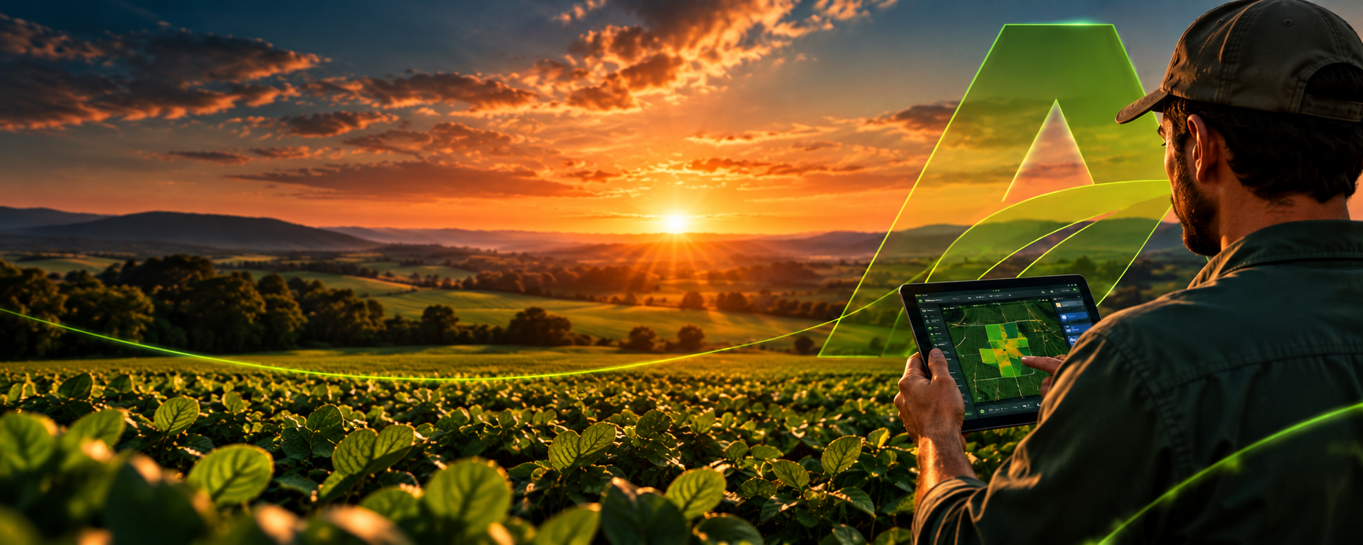Agricultura inteligente ao pôr do sol: agricultor com tablet em uma lavoura, com dados e mapas projetados sobre o campo